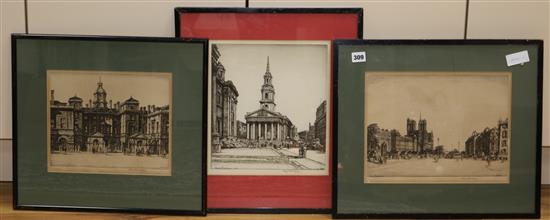 Henry Rushbury, three etchings, Paris, Horseguards and St. Martins-in-the-fields, all signed in pencil
